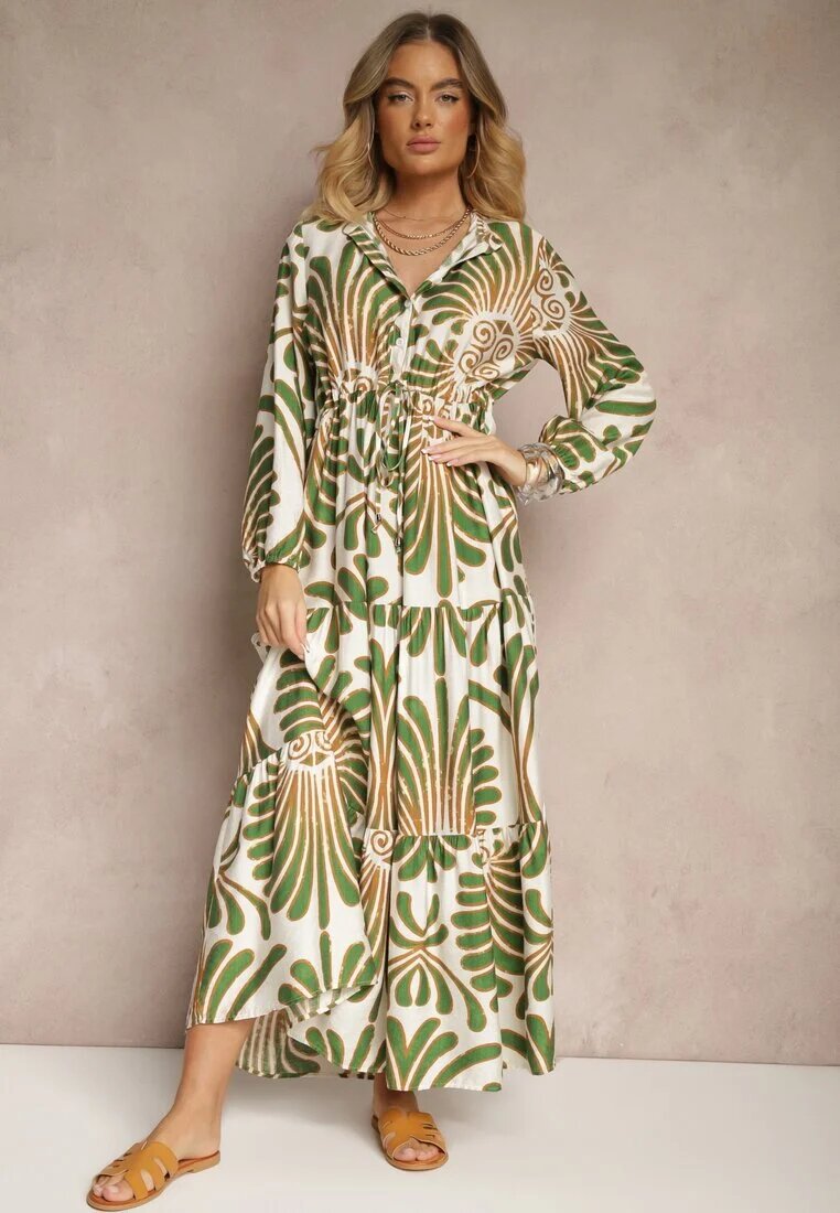 m&d fashion Rochie Verde Evazată cu Viscoză Decorată cu Imprimeu Floral Koriare