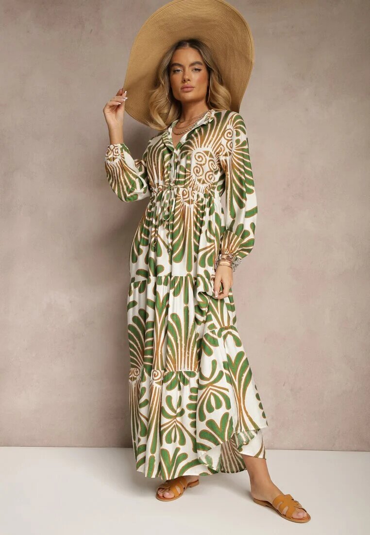 m&d fashion Rochie Verde Evazată cu Viscoză Decorată cu Imprimeu Floral Koriare
