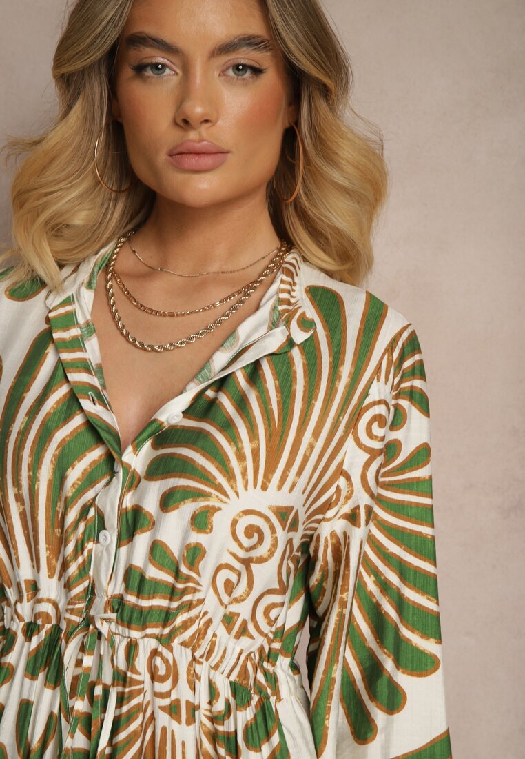 m&d fashion Rochie Verde Evazată cu Viscoză Decorată cu Imprimeu Floral Koriare