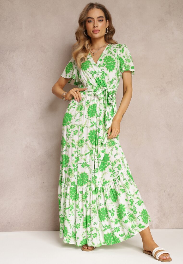 m&d fashion Rochie Verde Florală cu curea și elastic în talie din Viscoză Agletina