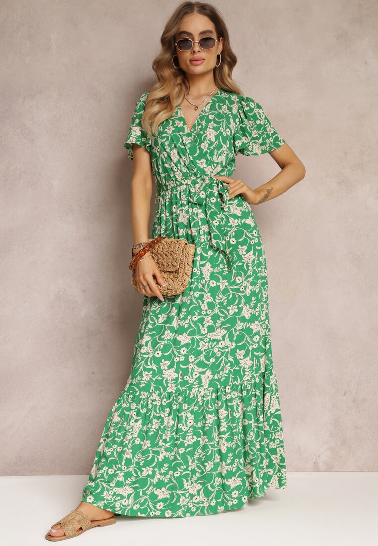 m&d fashion Rochie Verde Lungă cu imprimeu floral cu elastic în talie din viscoză Lydiza