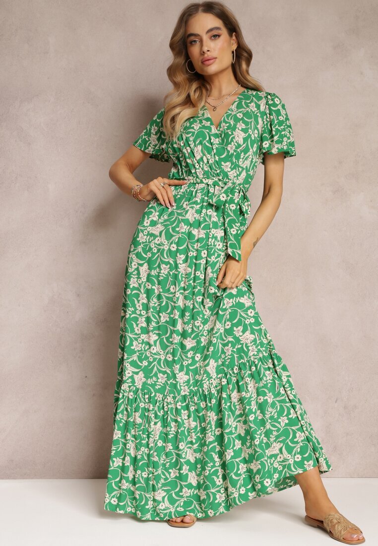 m&d fashion Rochie Verde Lungă cu imprimeu floral cu elastic în talie din viscoză Lydiza