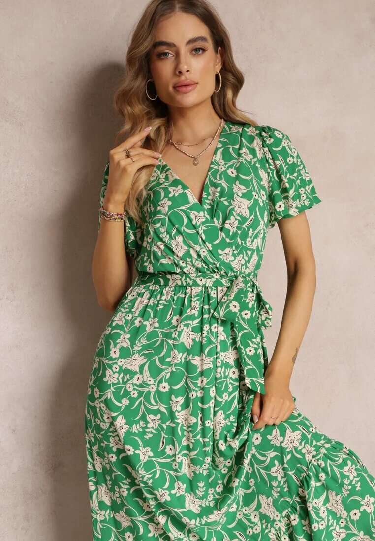 m&d fashion Rochie Verde Lungă cu imprimeu floral cu elastic în talie din viscoză Lydiza