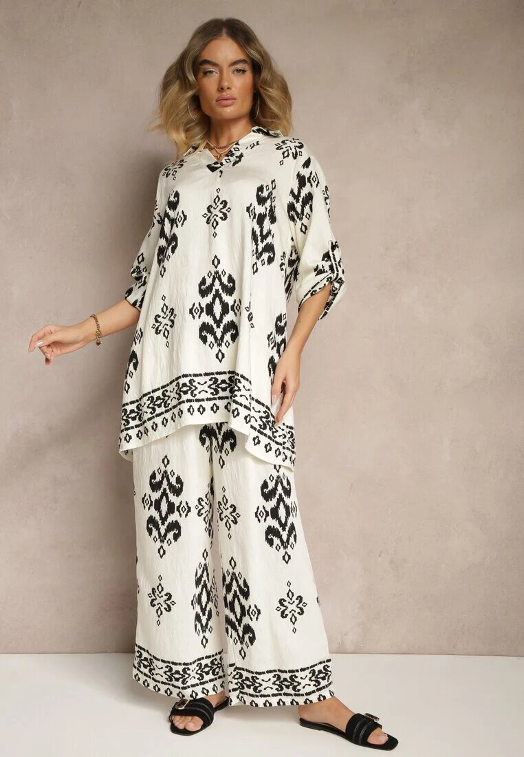 m&d fashion Set Alb din Viscoză Cămașă și Pantaloni Decorat cu Imprimeu Etnic Mepina