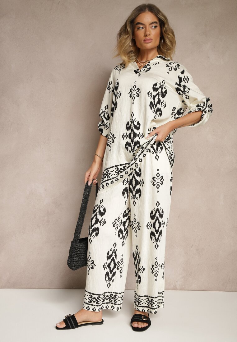 m&d fashion Set Alb din Viscoză Cămașă și Pantaloni Decorat cu Imprimeu Etnic Mepina