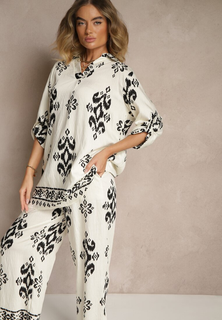 m&d fashion Set Alb din Viscoză Cămașă și Pantaloni Decorat cu Imprimeu Etnic Mepina