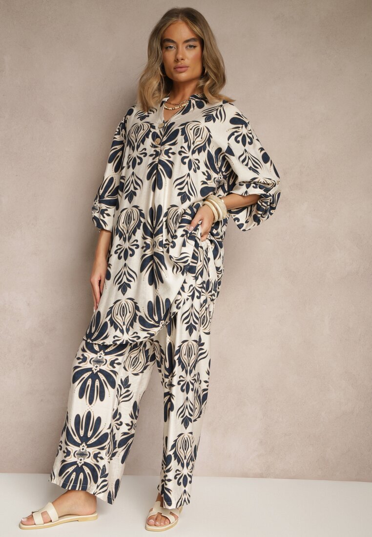 m&d fashion Set Albastru din Viscoză cu Pantaloni cu croială largă și Cămașă lungă Rinviela
