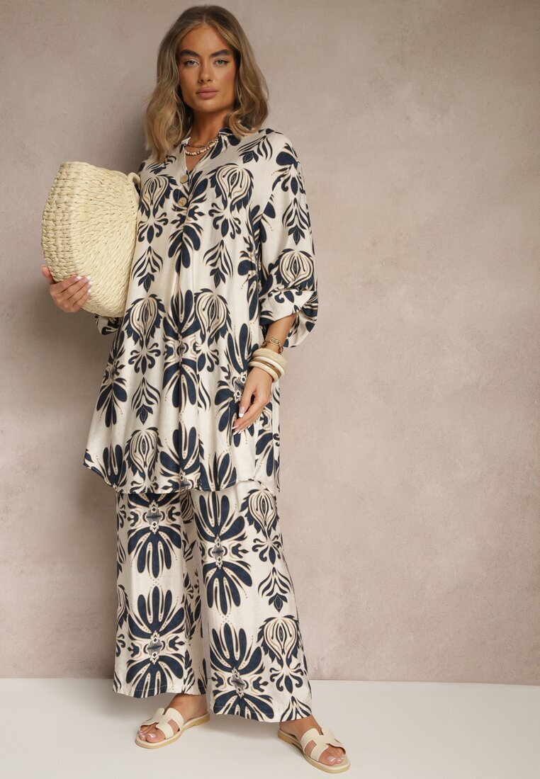 m&d fashion Set Albastru din Viscoză cu Pantaloni cu croială largă și Cămașă lungă Rinviela