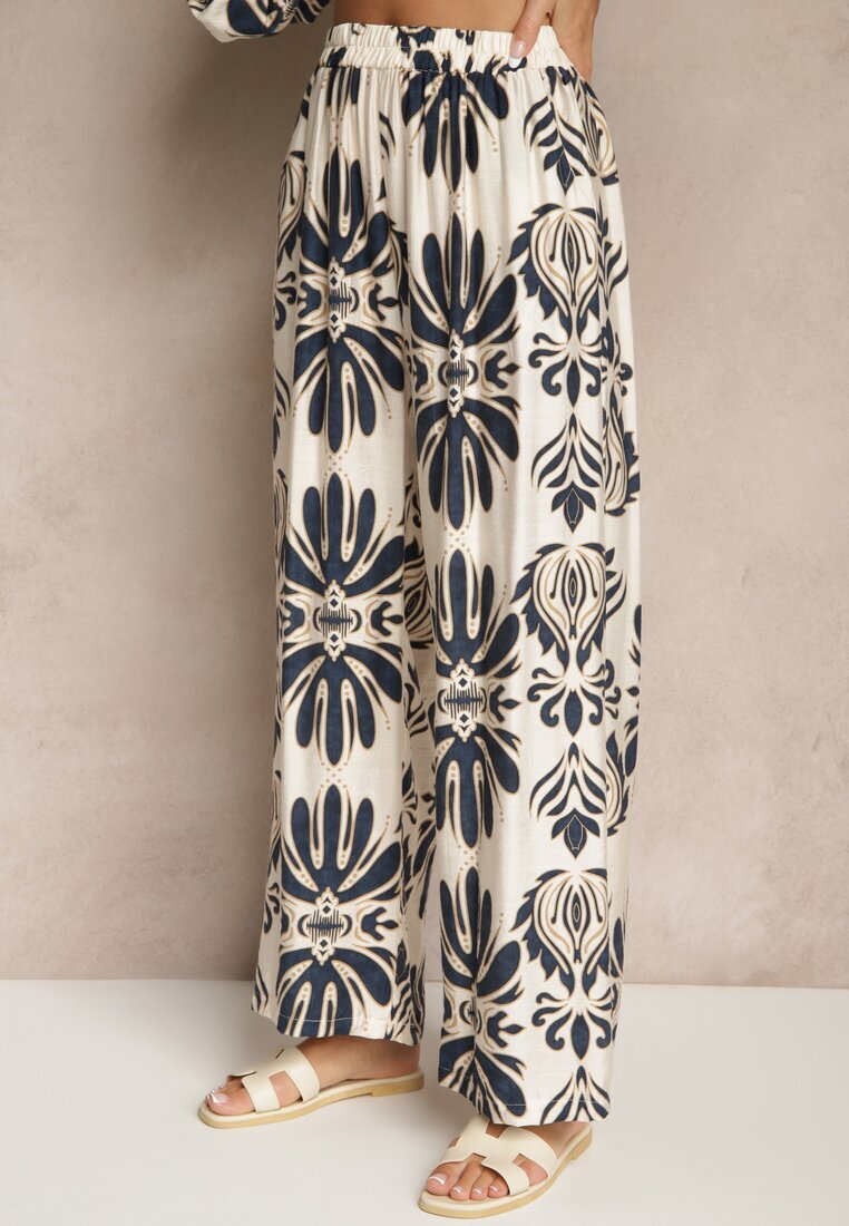 m&d fashion Set Albastru din Viscoză cu Pantaloni cu croială largă și Cămașă lungă Rinviela