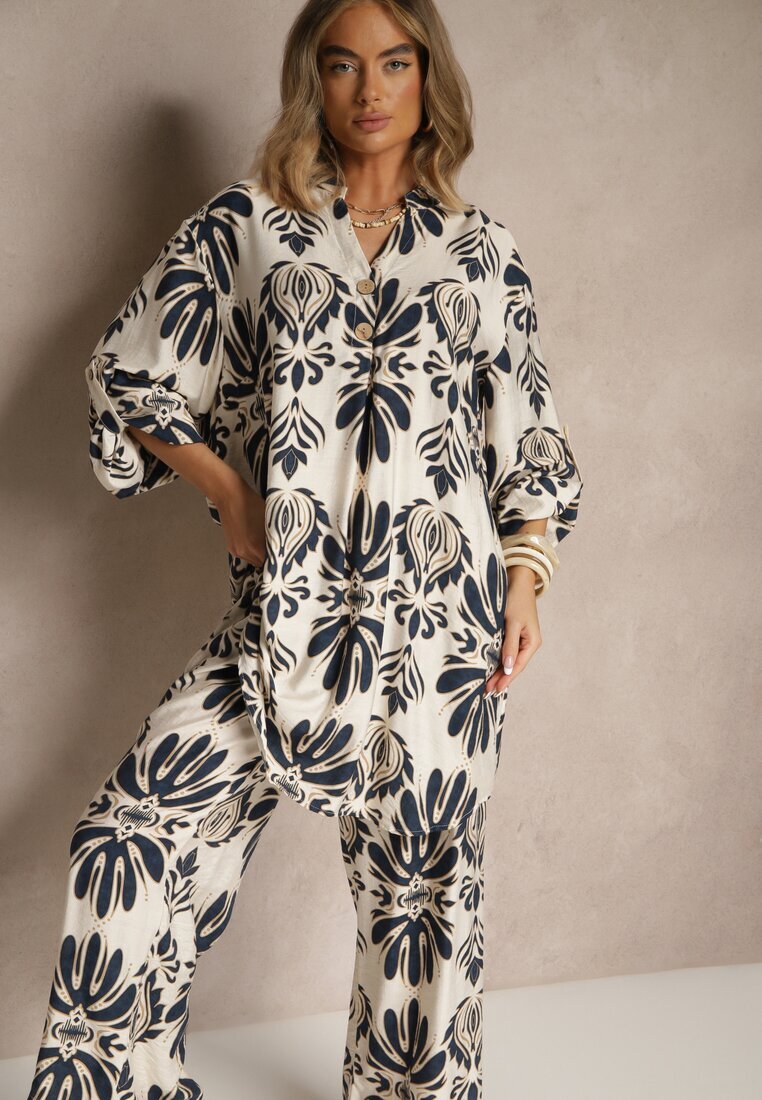 m&d fashion Set Albastru din Viscoză cu Pantaloni cu croială largă și Cămașă lungă Rinviela