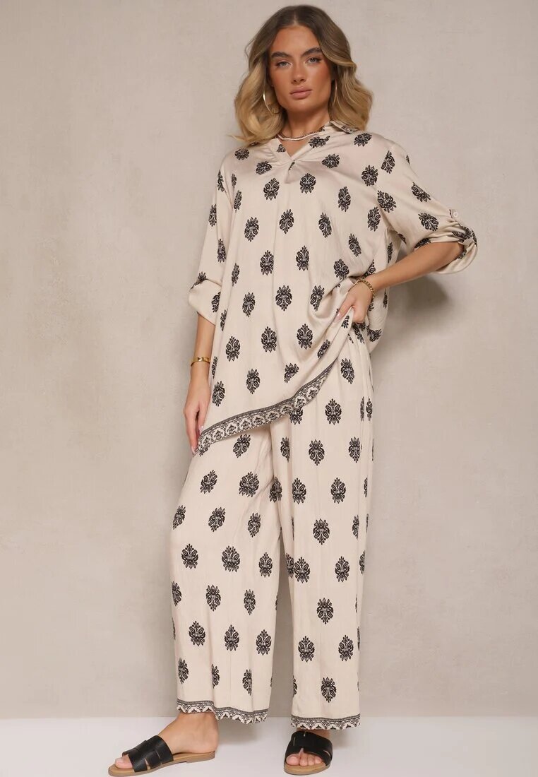 m&d fashion Set Bej deschis din viscoză oversize cămașă și pantaloni decorați cu imprimeu etnic Janea