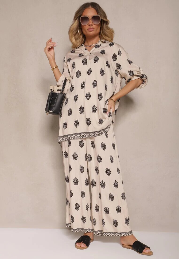 m&d fashion Set Bej deschis din viscoză oversize cămașă și pantaloni decorați cu imprimeu etnic Janea