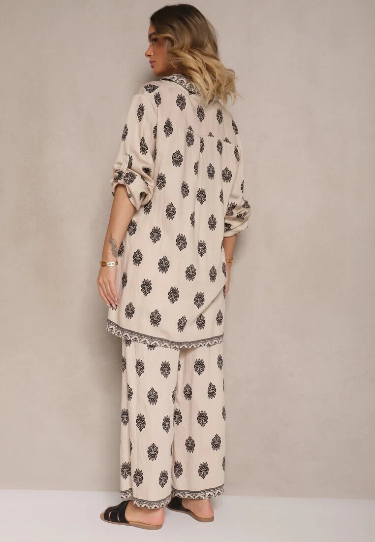 m&d fashion Set Bej deschis din viscoză oversize cămașă și pantaloni decorați cu imprimeu etnic Janea