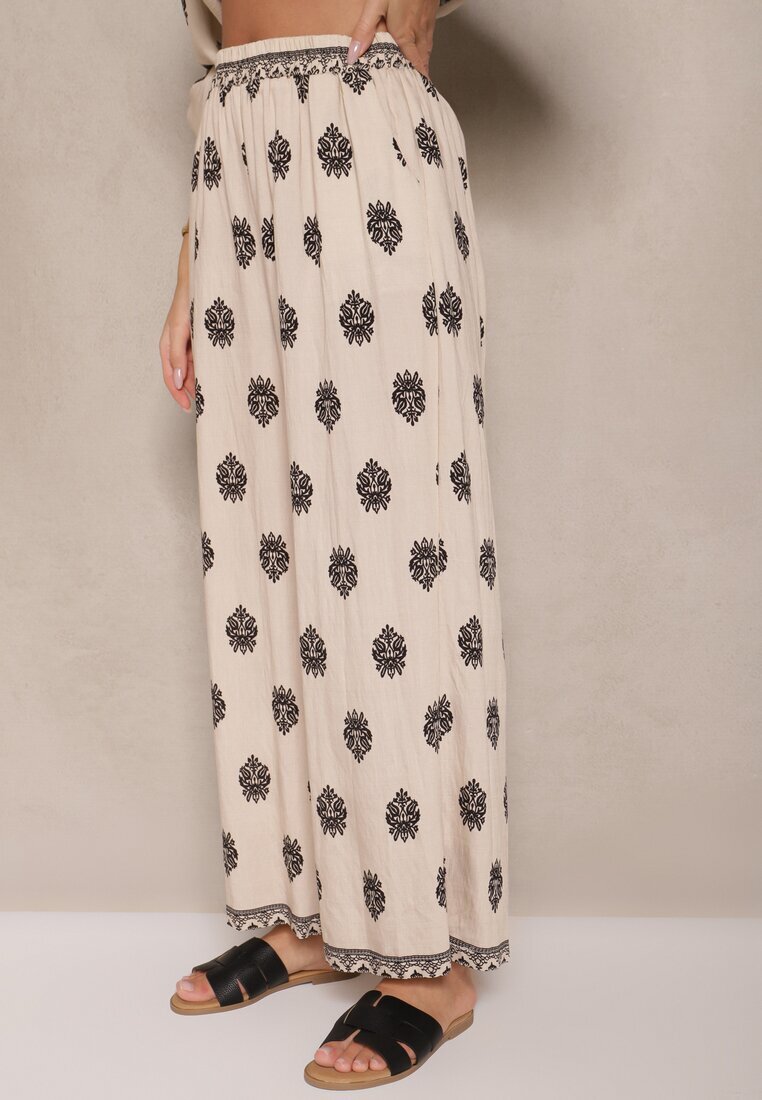 m&d fashion Set Bej deschis din viscoză oversize cămașă și pantaloni decorați cu imprimeu etnic Janea