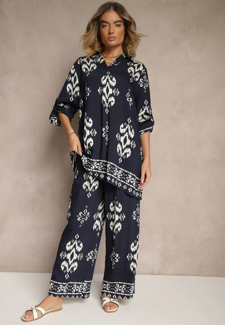 m&d fashion Set bleumarin din viscoză Cămașă și Pantaloni cu imprimeu etnic Mepina