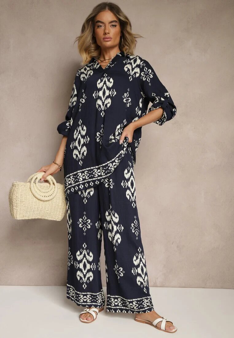 m&d fashion Set bleumarin din viscoză Cămașă și Pantaloni cu imprimeu etnic Mepina