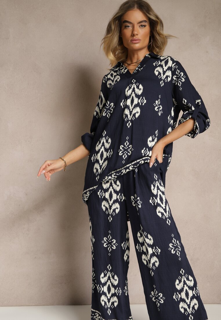 m&d fashion Set bleumarin din viscoză Cămașă și Pantaloni cu imprimeu etnic Mepina