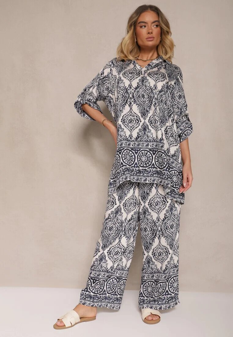 m&d fashion Set Bleumarin din Viscoză Croi Oversize Cămașă și Pantaloni Nilarithia