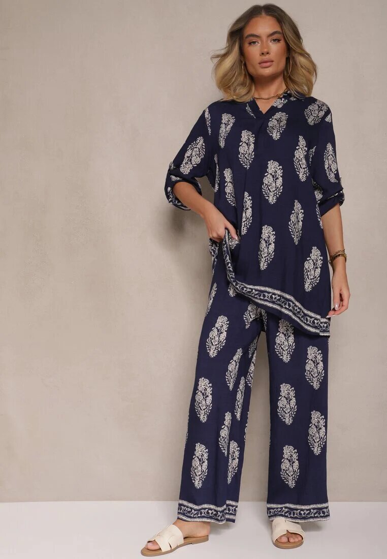 m&d fashion Set Bleumarin Oversize în Stil Rustic Cămașă Lungă și Pantaloni Larghi Mepilara