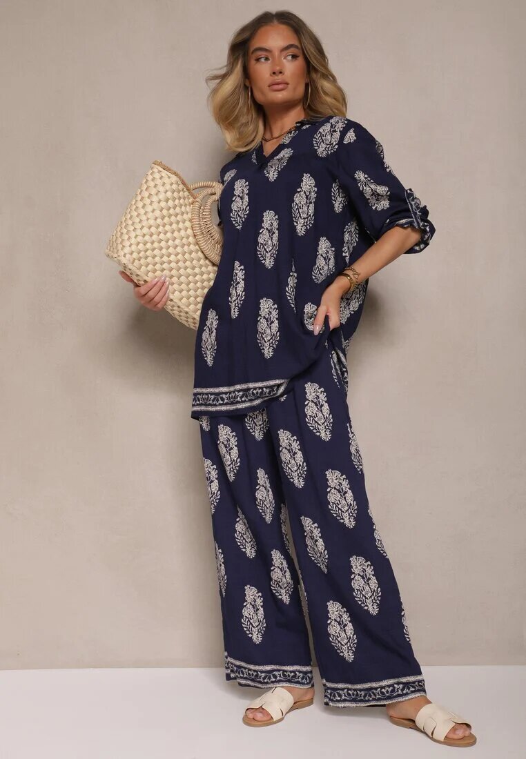 m&d fashion Set Bleumarin Oversize în Stil Rustic Cămașă Lungă și Pantaloni Larghi Mepilara