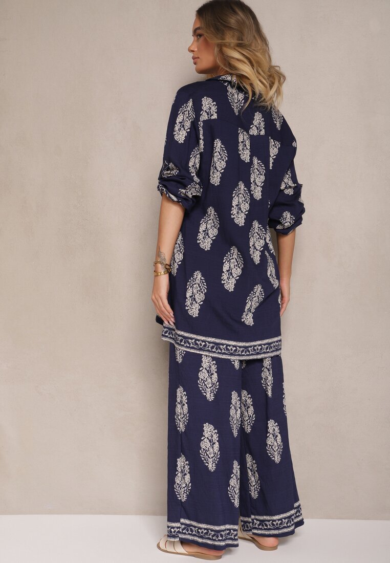 m&d fashion Set Bleumarin Oversize în Stil Rustic Cămașă Lungă și Pantaloni Larghi Mepilara