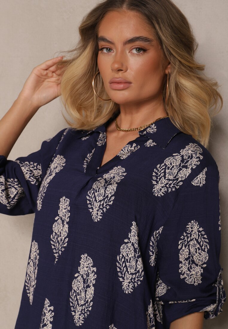 m&d fashion Set Bleumarin Oversize în Stil Rustic Cămașă Lungă și Pantaloni Larghi Mepilara