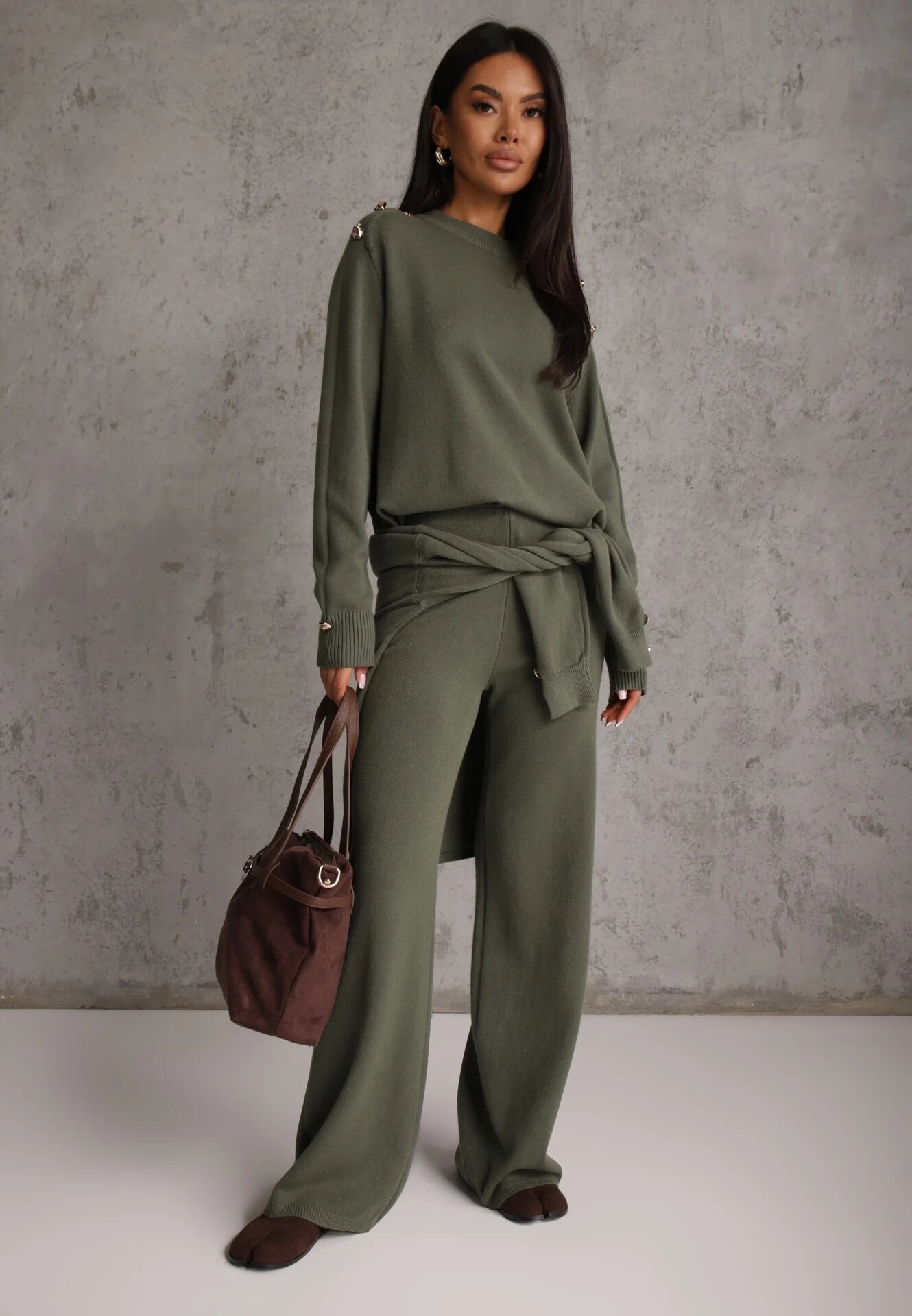 m&d fashion Set cu vâscoză pulover cu nasturi și pantaloni largi Rarellia Verde închis