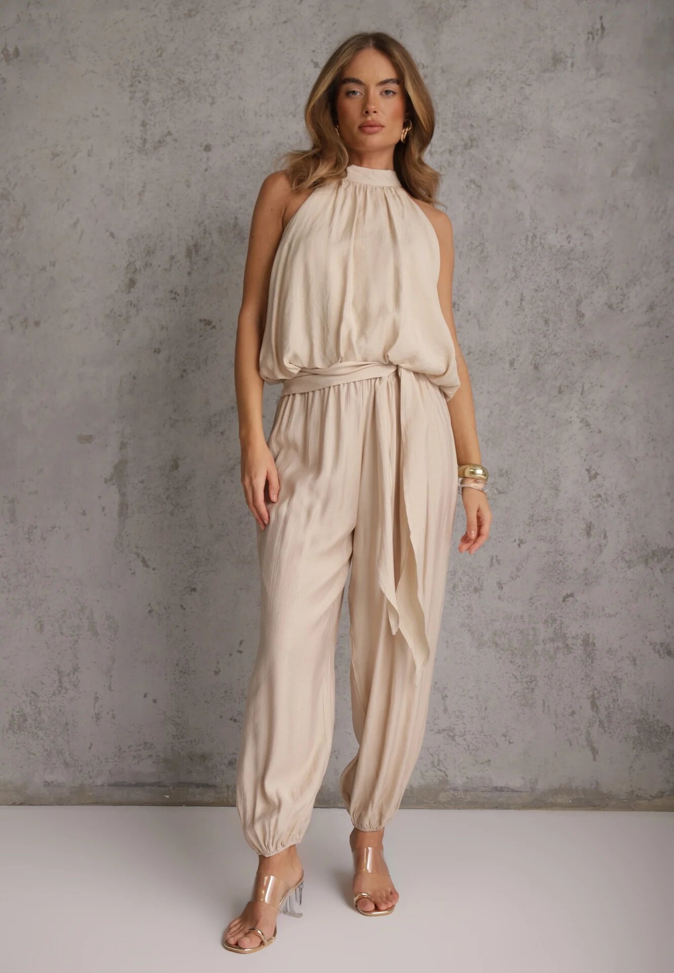 m&d fashion Set din viscoză pentru vară: top fără mâneci și pantaloni Balloon cu tip cravată Eliness Bej deschis