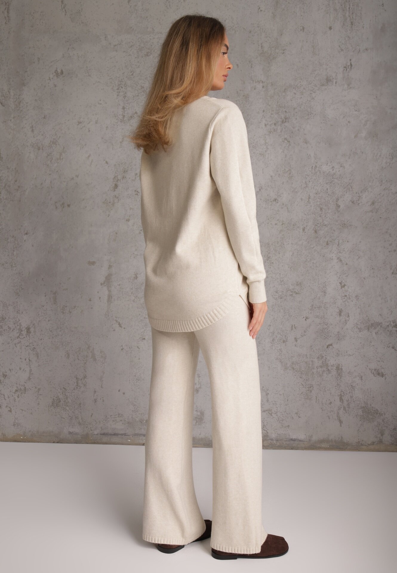 m&d fashion Set tricot cu vâscoză longsleeve și pantaloni largi Mirette Bej Bej Bej deschis