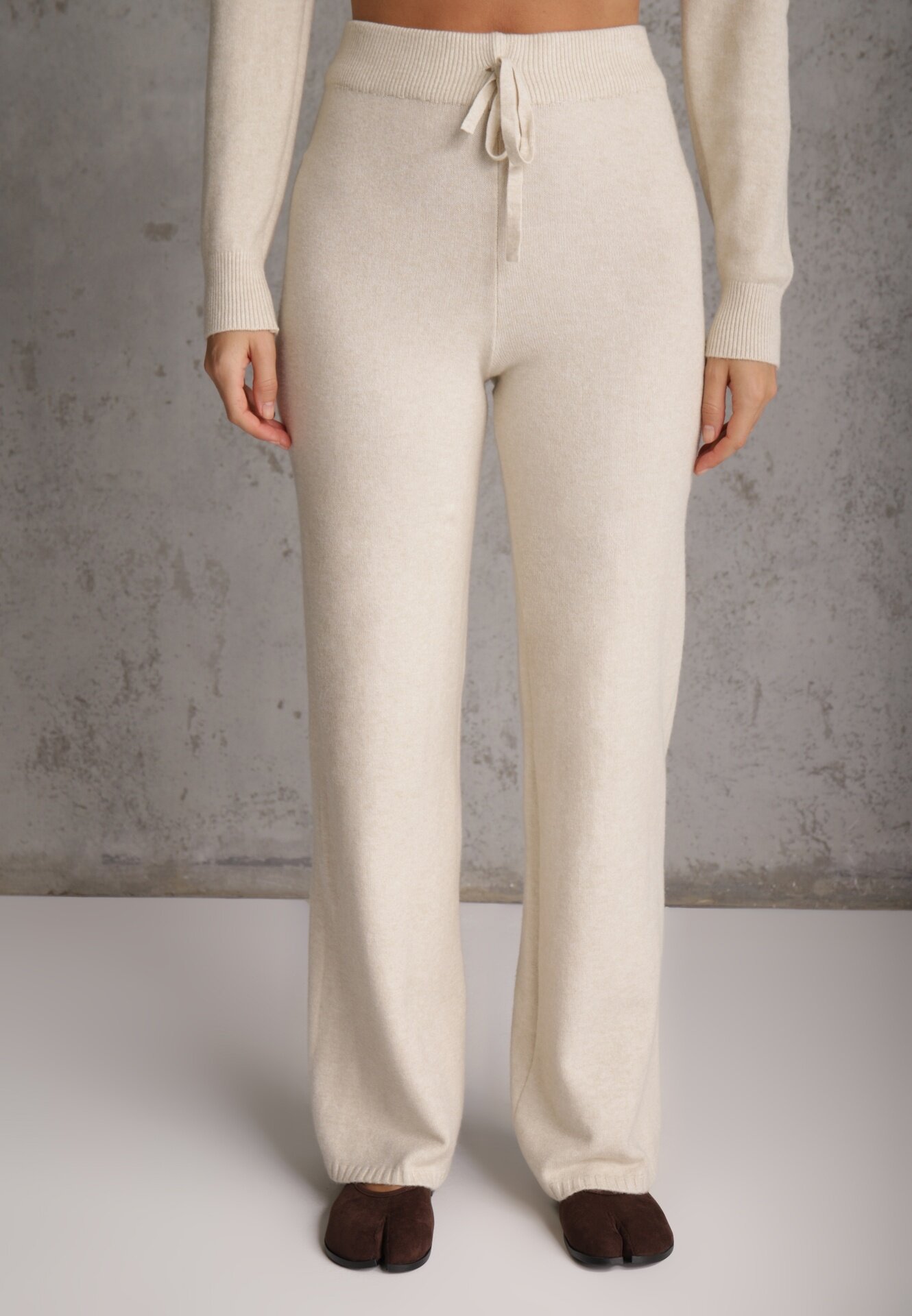 m&d fashion Set tricot cu vâscoză longsleeve și pantaloni largi Mirette Bej Bej Bej deschis