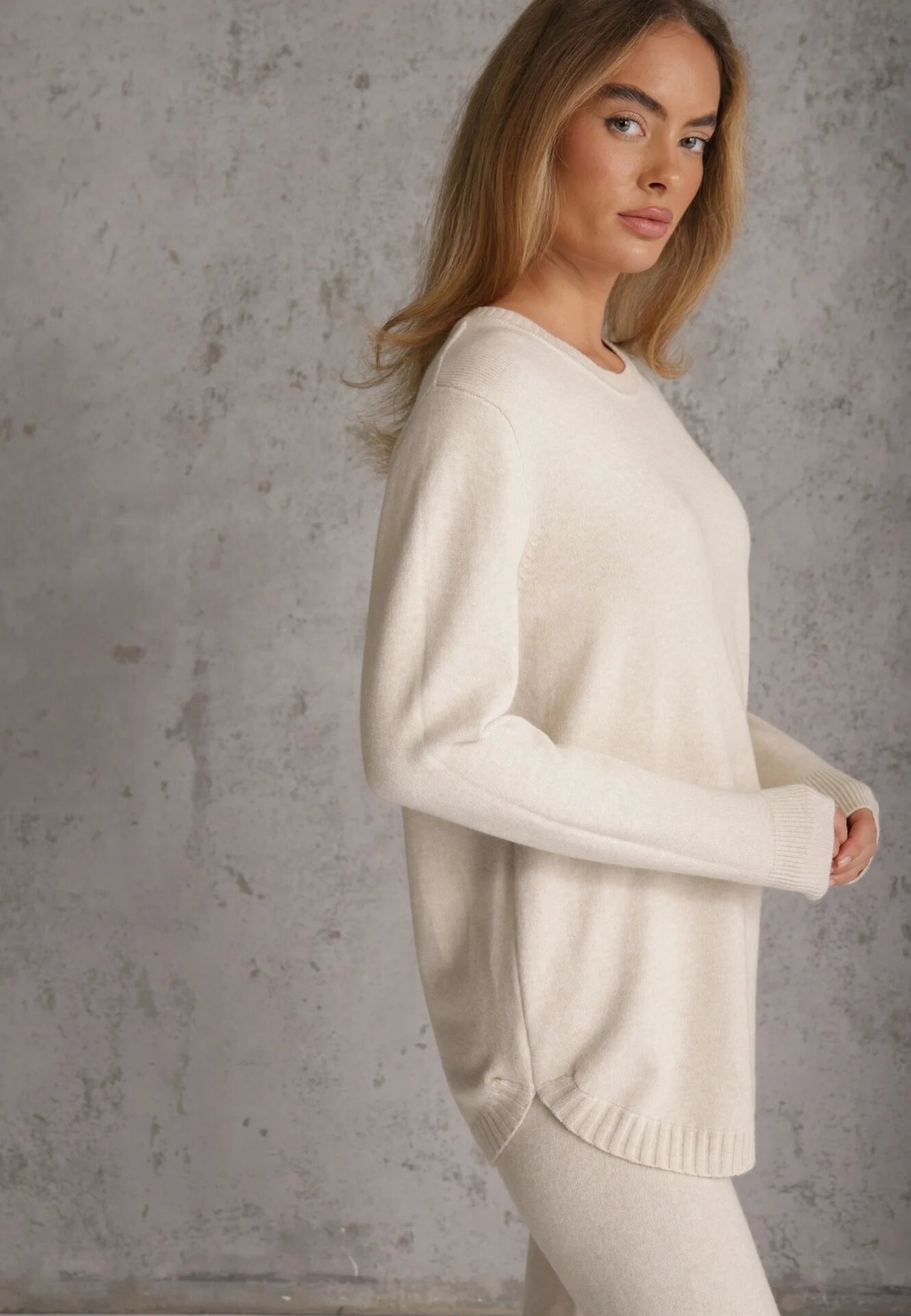 m&d fashion Set tricot cu vâscoză longsleeve și pantaloni largi Mirette Bej Bej Bej deschis