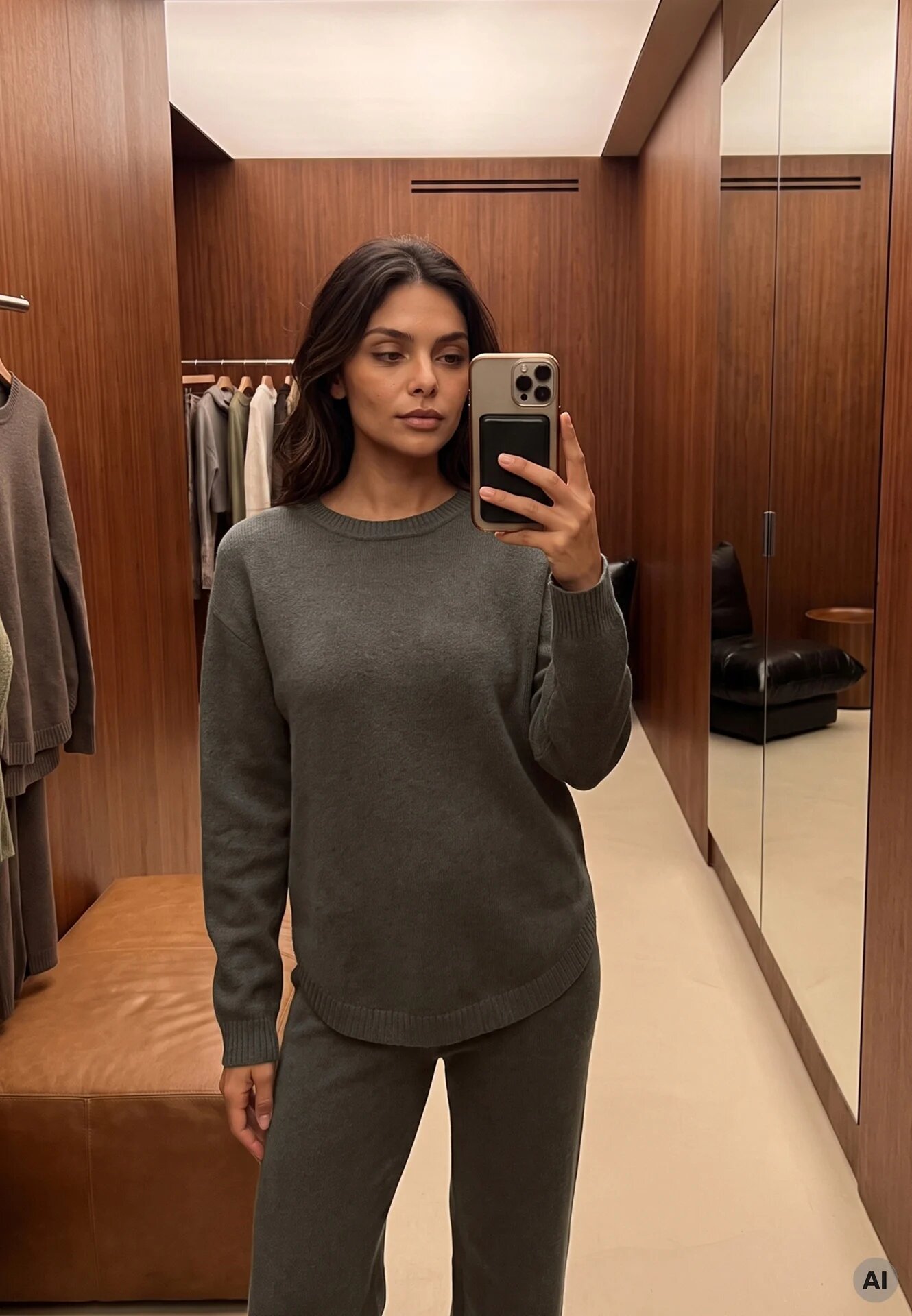 m&d fashion Set tricot cu vâscoză longsleeve și pantaloni largi Mirette Bej Bej Verde închis