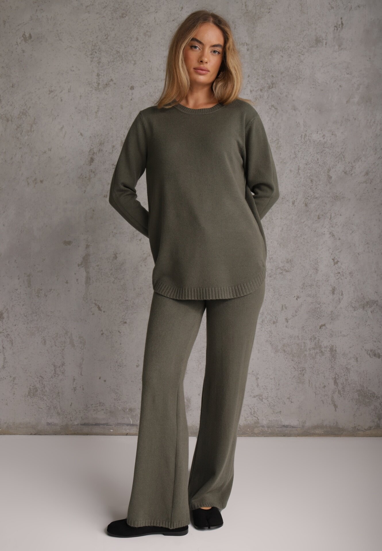 m&d fashion Set tricot cu vâscoză longsleeve și pantaloni largi Mirette Bej Bej Verde închis