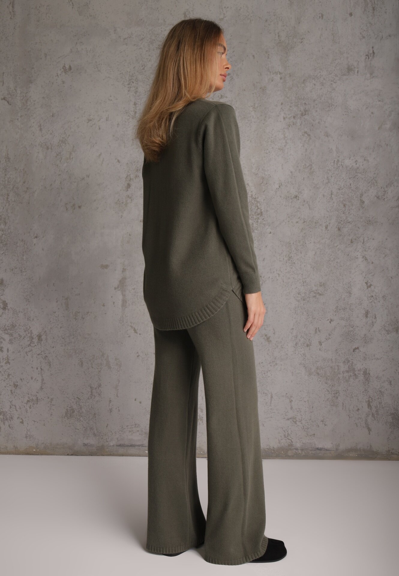 m&d fashion Set tricot cu vâscoză longsleeve și pantaloni largi Mirette Bej Bej Verde închis