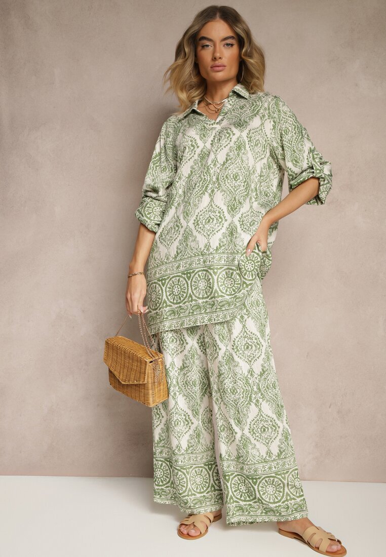 m&d fashion Set Verde din Viscoză cu Croială Oversize Cămașă și Pantaloni Nilarithia