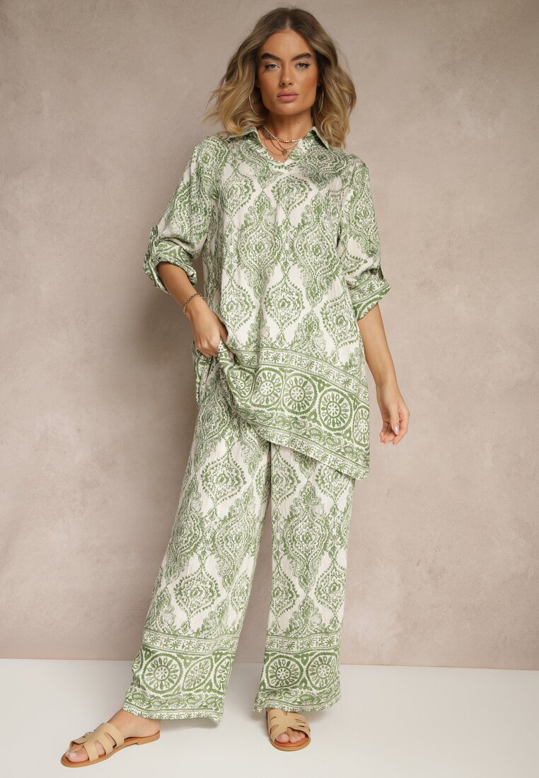 m&d fashion Set Verde din Viscoză cu Croială Oversize Cămașă și Pantaloni Nilarithia
