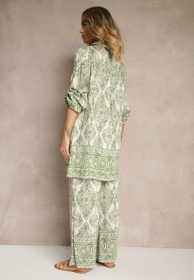m&d fashion Set Verde din Viscoză cu Croială Oversize Cămașă și Pantaloni Nilarithia