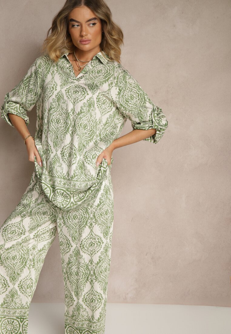 m&d fashion Set Verde din Viscoză cu Croială Oversize Cămașă și Pantaloni Nilarithia