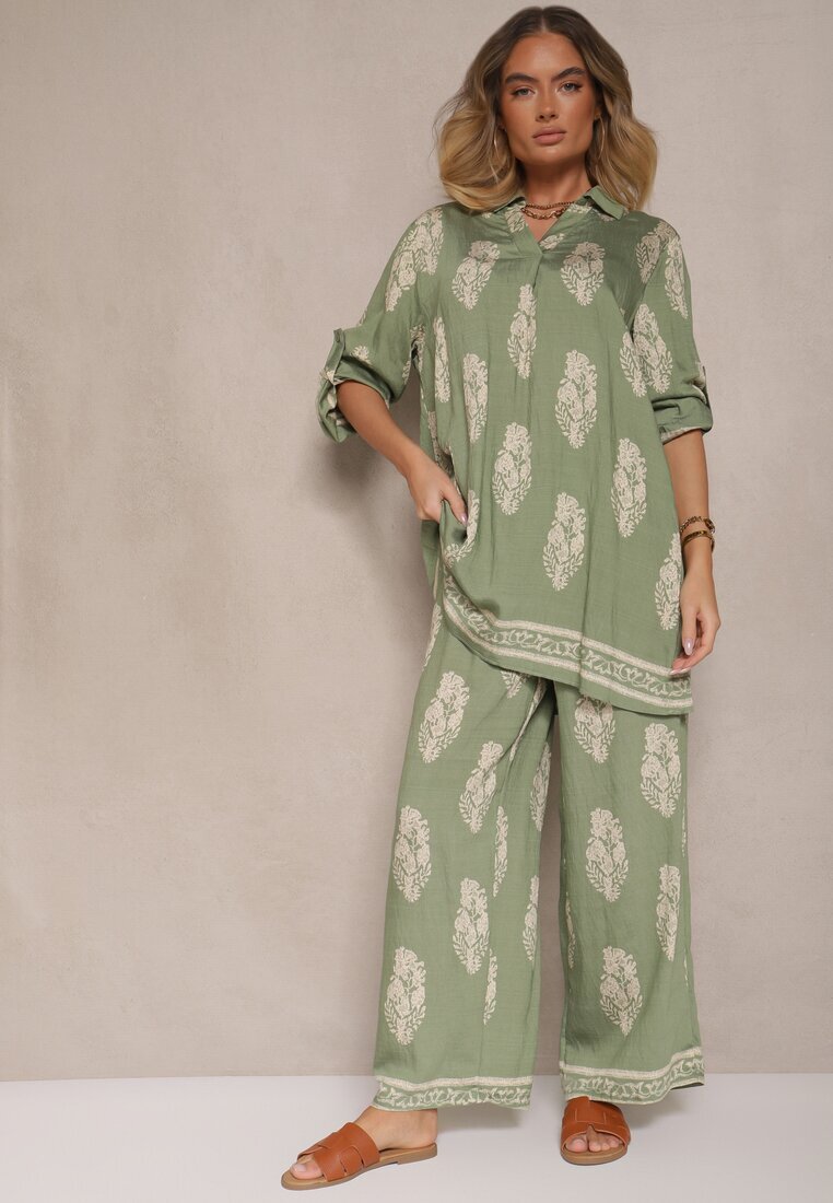 m&d fashion Set Verde Oversize în Stil Rustic Cămașă Lungă și Pantaloni Largi Mepilara