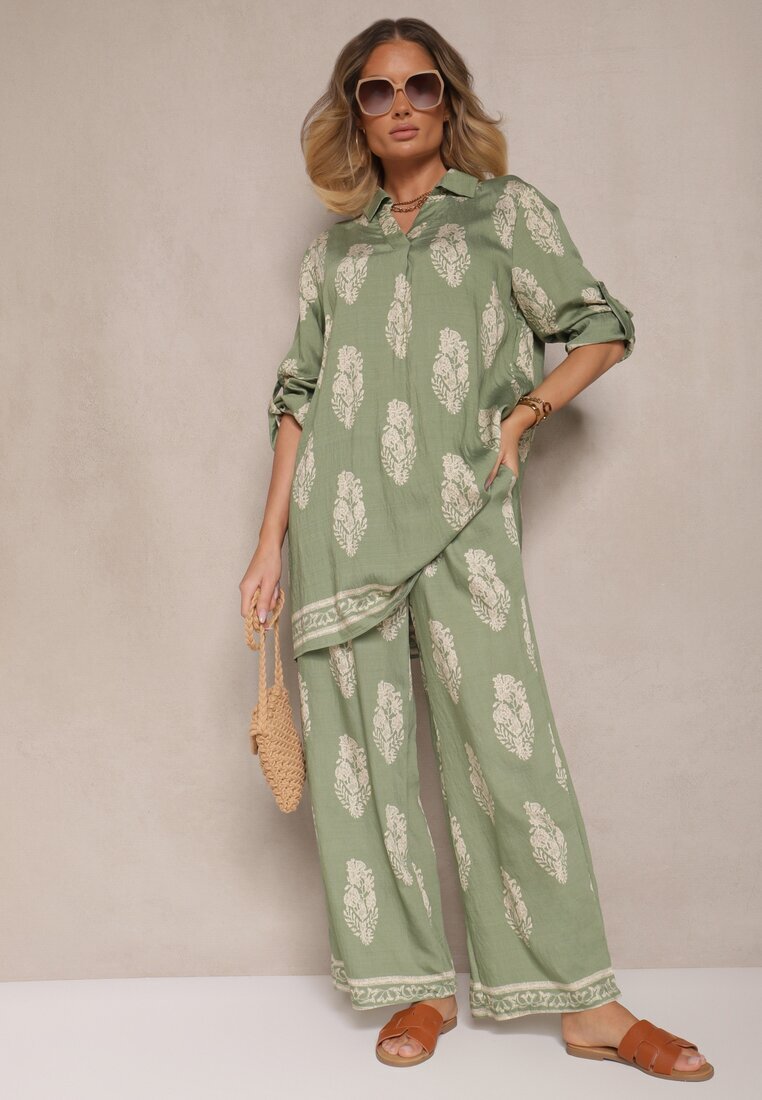m&d fashion Set Verde Oversize în Stil Rustic Cămașă Lungă și Pantaloni Largi Mepilara