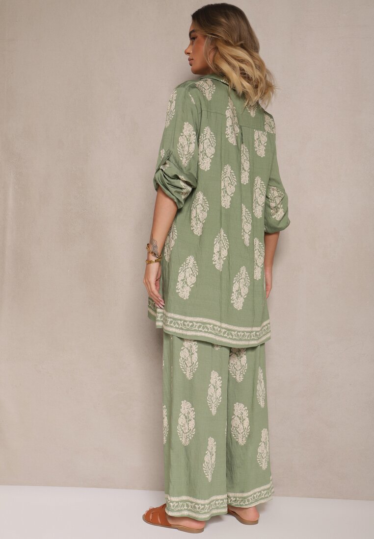 m&d fashion Set Verde Oversize în Stil Rustic Cămașă Lungă și Pantaloni Largi Mepilara