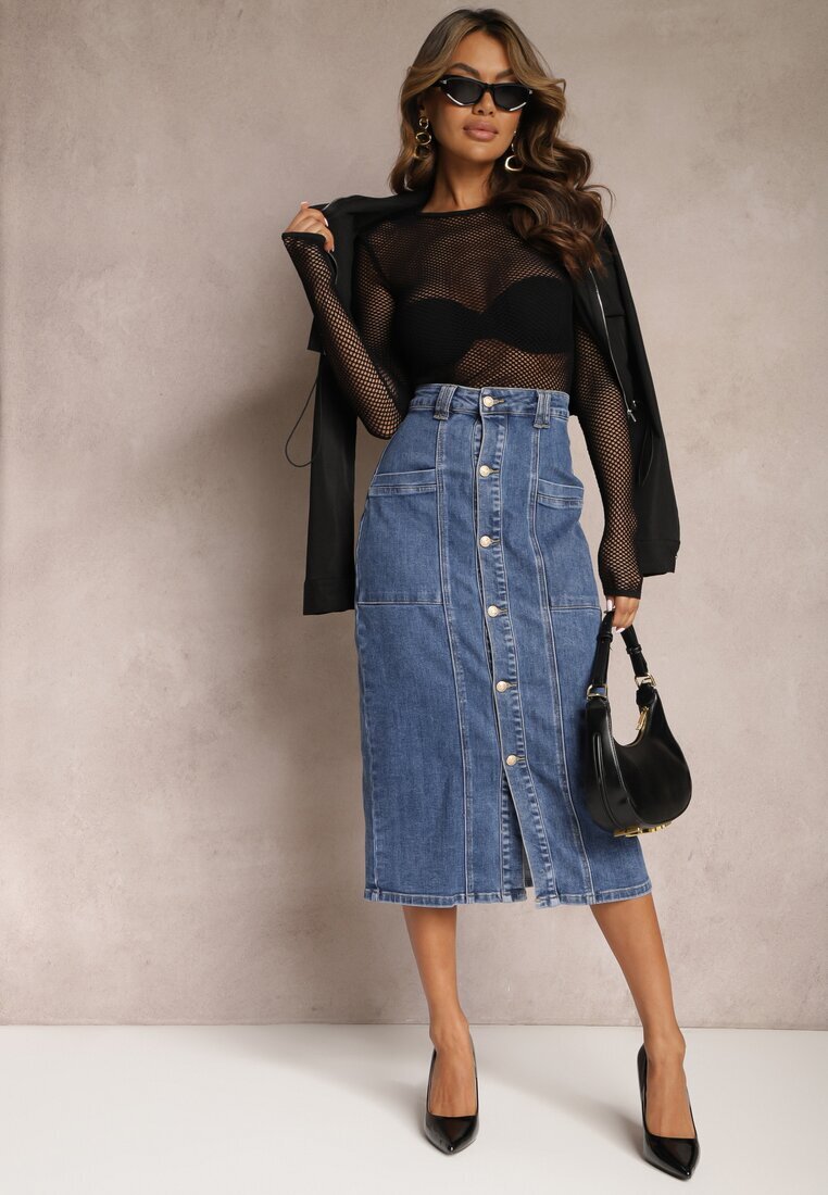 m.sara Fustă Albastră Din denim Midi Cu nasturi Mimmera