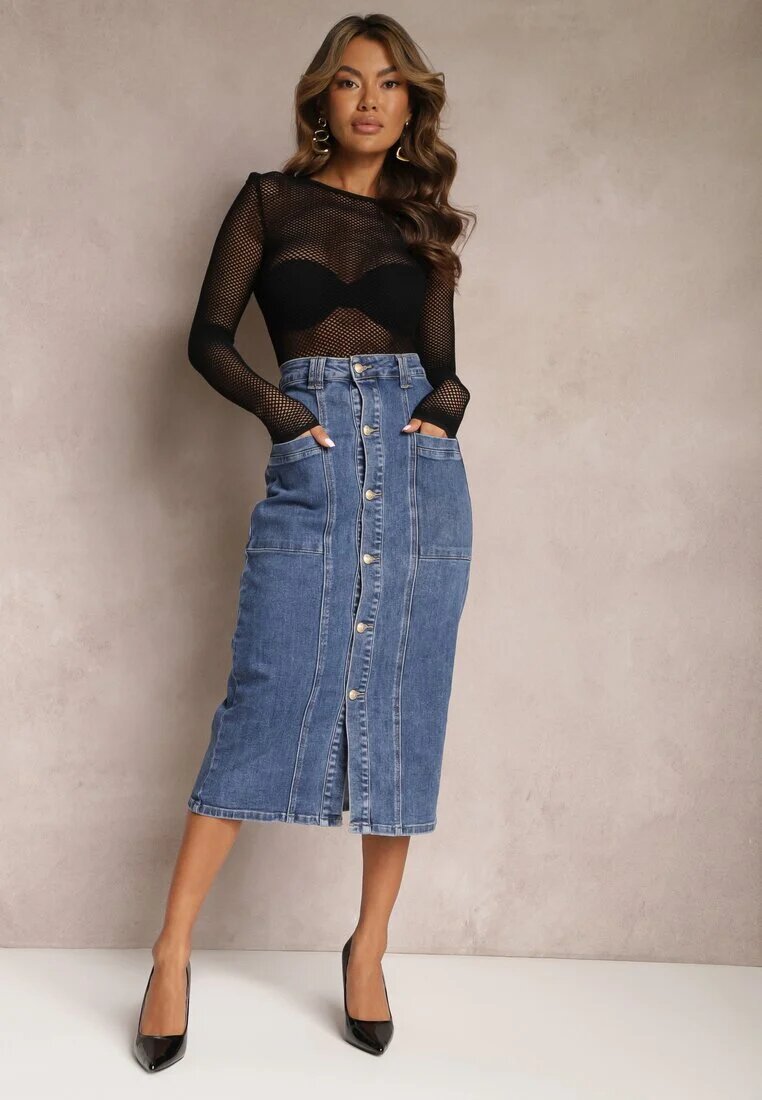 m.sara Fustă Albastră Din denim Midi Cu nasturi Mimmera