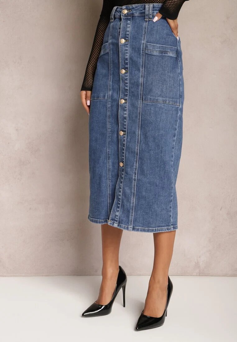 m.sara Fustă Albastră Din denim Midi Cu nasturi Mimmera