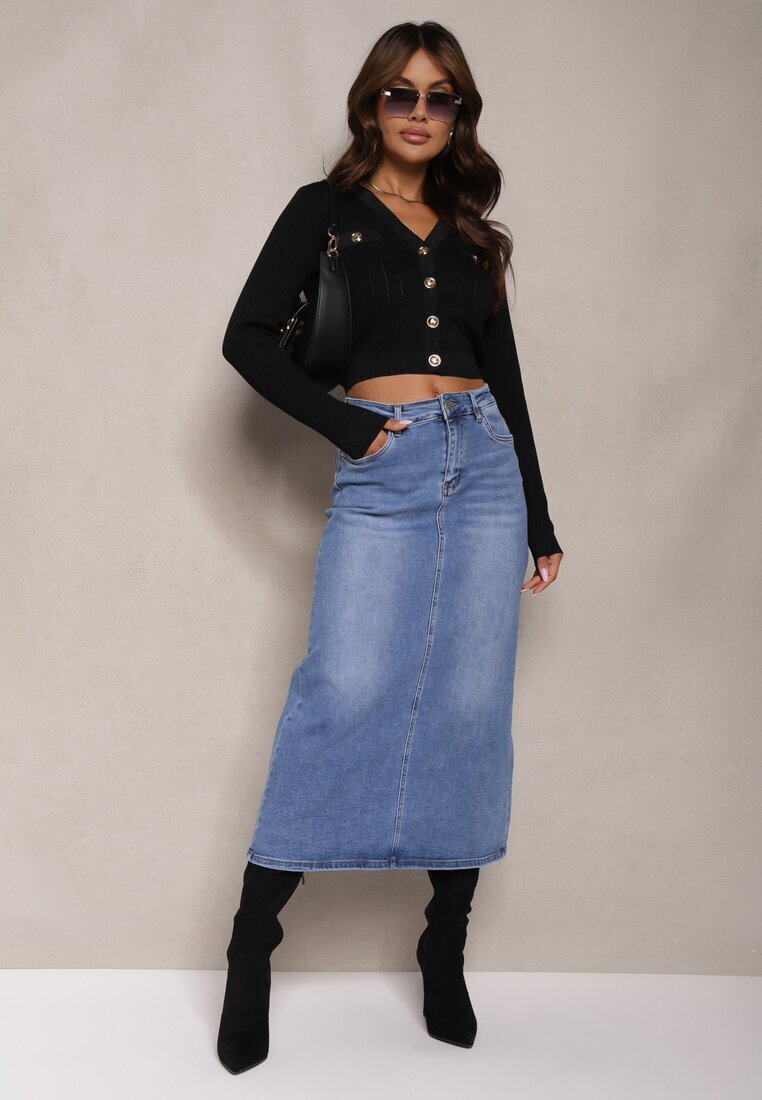 m.sara Fustă Albastră High Waist Creion cu Accente Deschise pe Material Denim Carolea