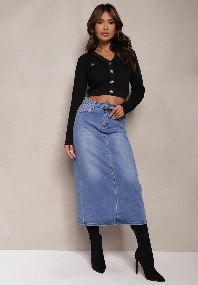 m.sara Fustă Albastră High Waist Creion cu Accente Deschise pe Material Denim Carolea