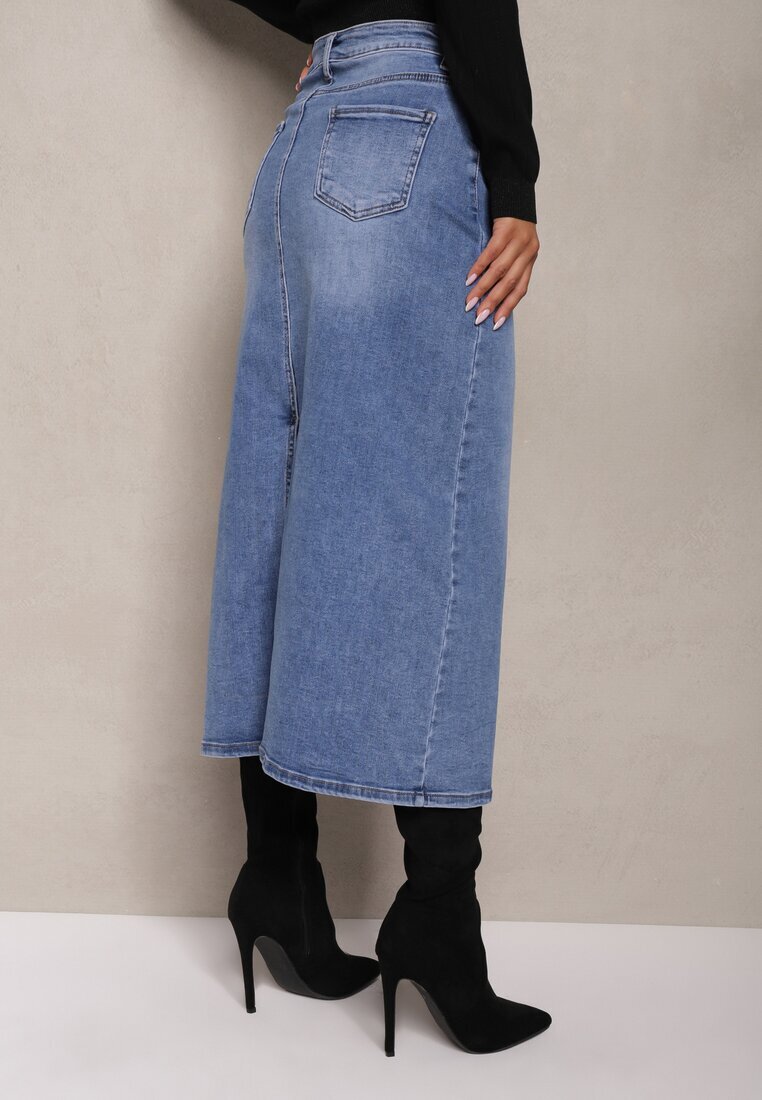 m.sara Fustă Albastră High Waist Creion cu Accente Deschise pe Material Denim Carolea