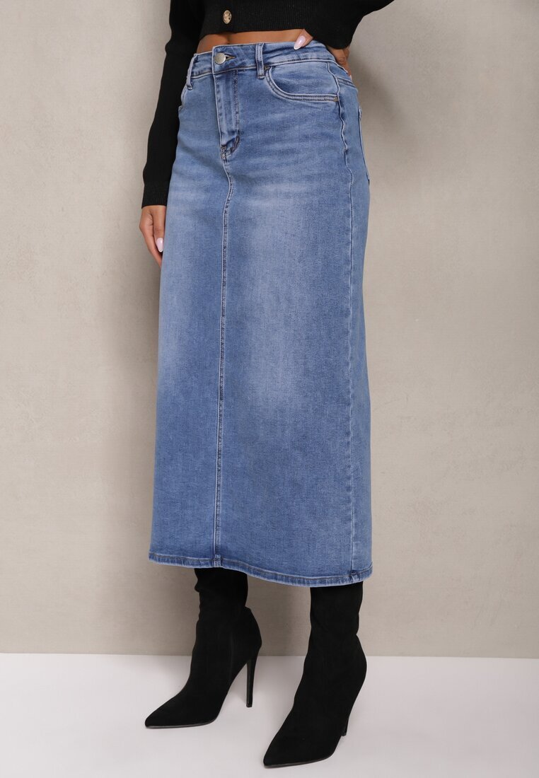 m.sara Fustă Albastră High Waist Creion cu Accente Deschise pe Material Denim Carolea