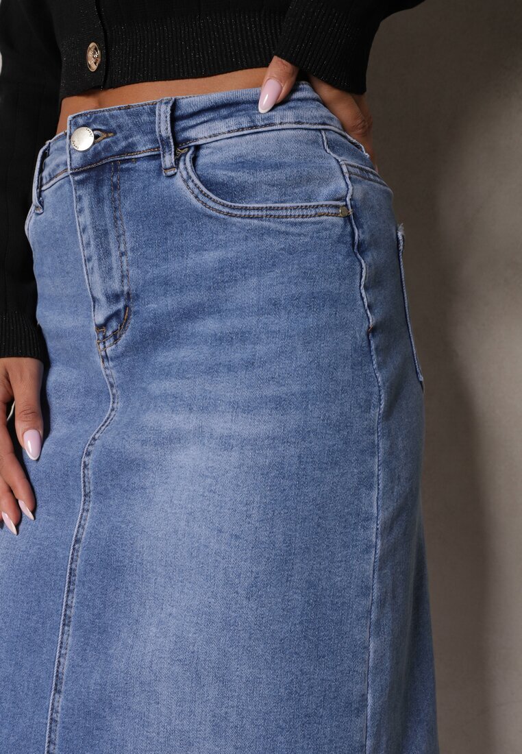 m.sara Fustă Albastră High Waist Creion cu Accente Deschise pe Material Denim Carolea