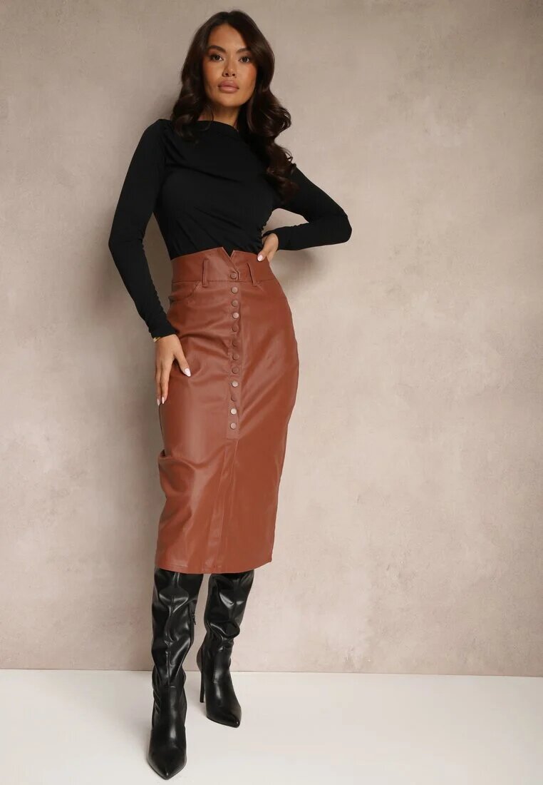 m.sara Fustă Maro deschisă din piele ecologică High Waist cu șliț și capse în față Asttia